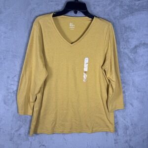 Kim Rogers Shirt Womens Large Yellow Perfectly Soft V Neck 3/4 Sleeve Casual Top